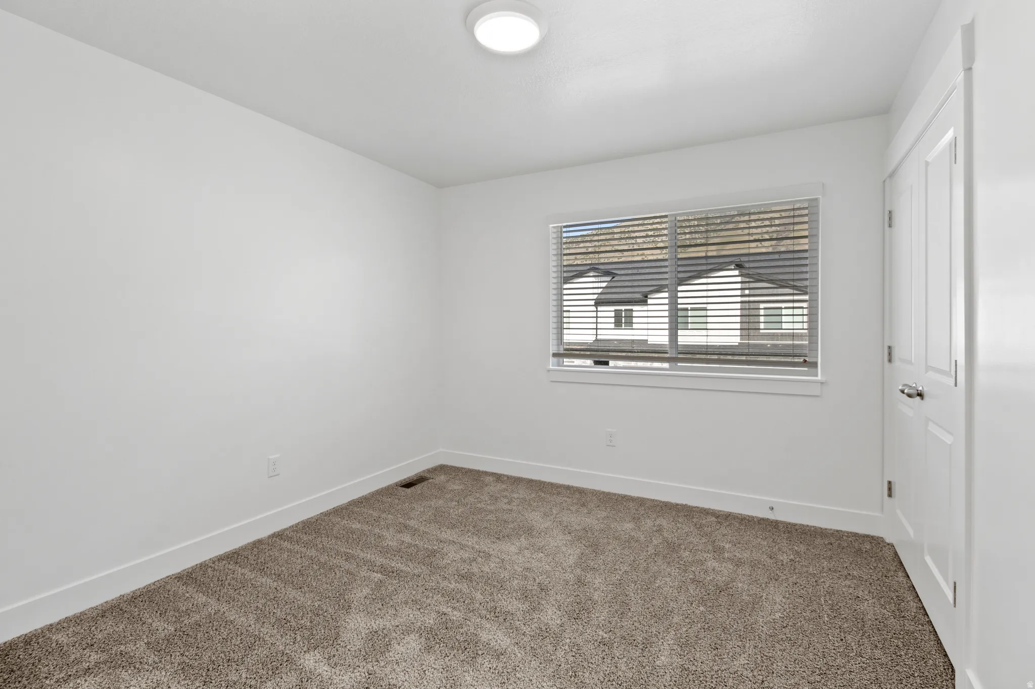 Carpeted room with a window featuring blinds, a flush mount ceiling light, and a white paneled door with a silver handle