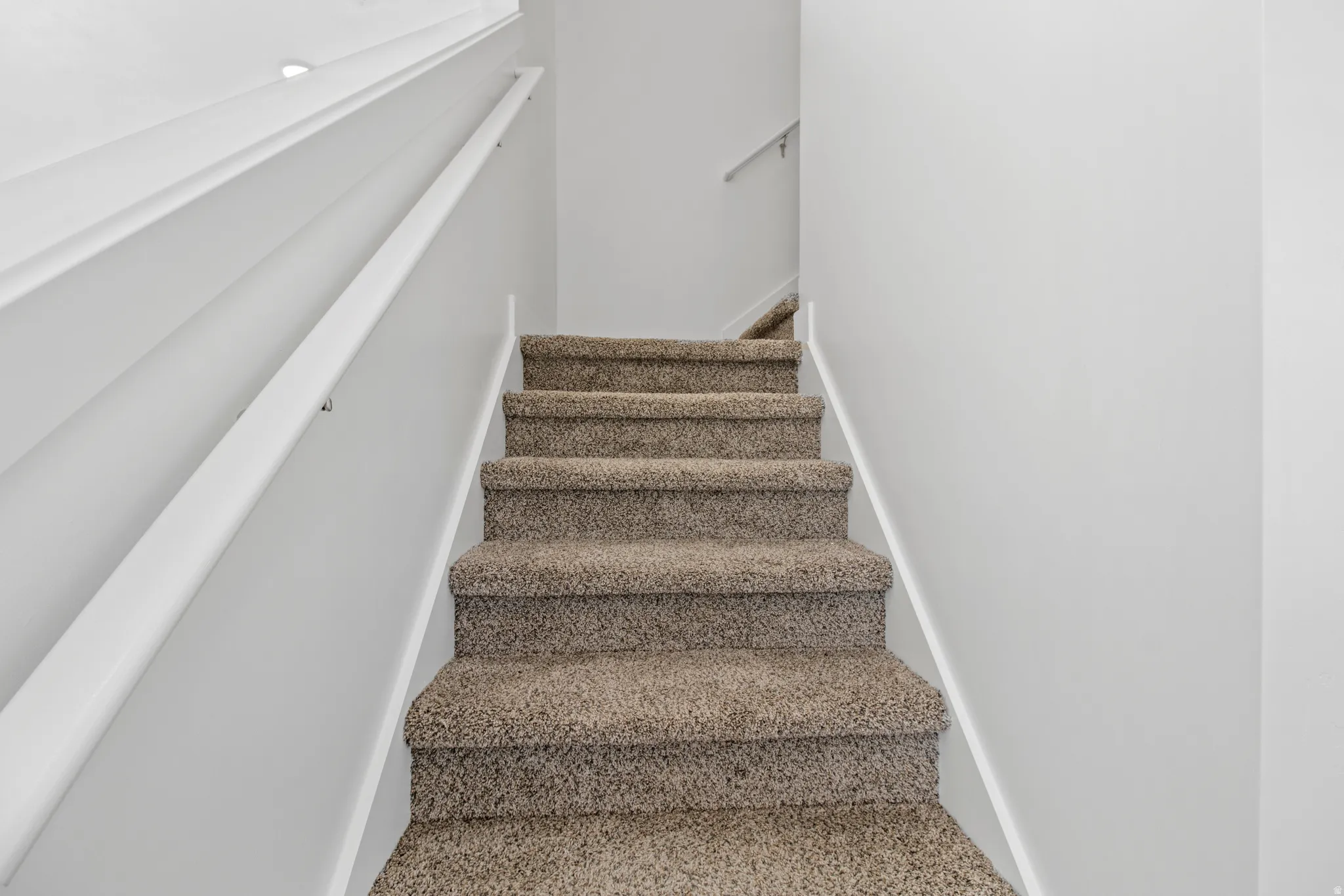 Carpeted staircase featuring white wall-mounted handrails