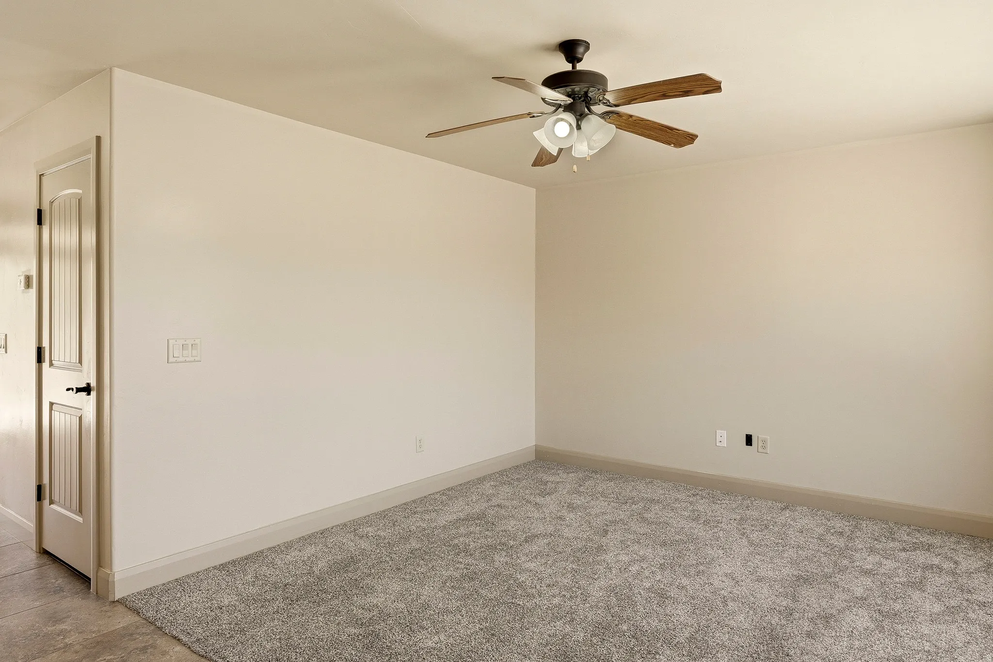 Neutral-toned interior room featuring light-colored walls and plush grey carpeting