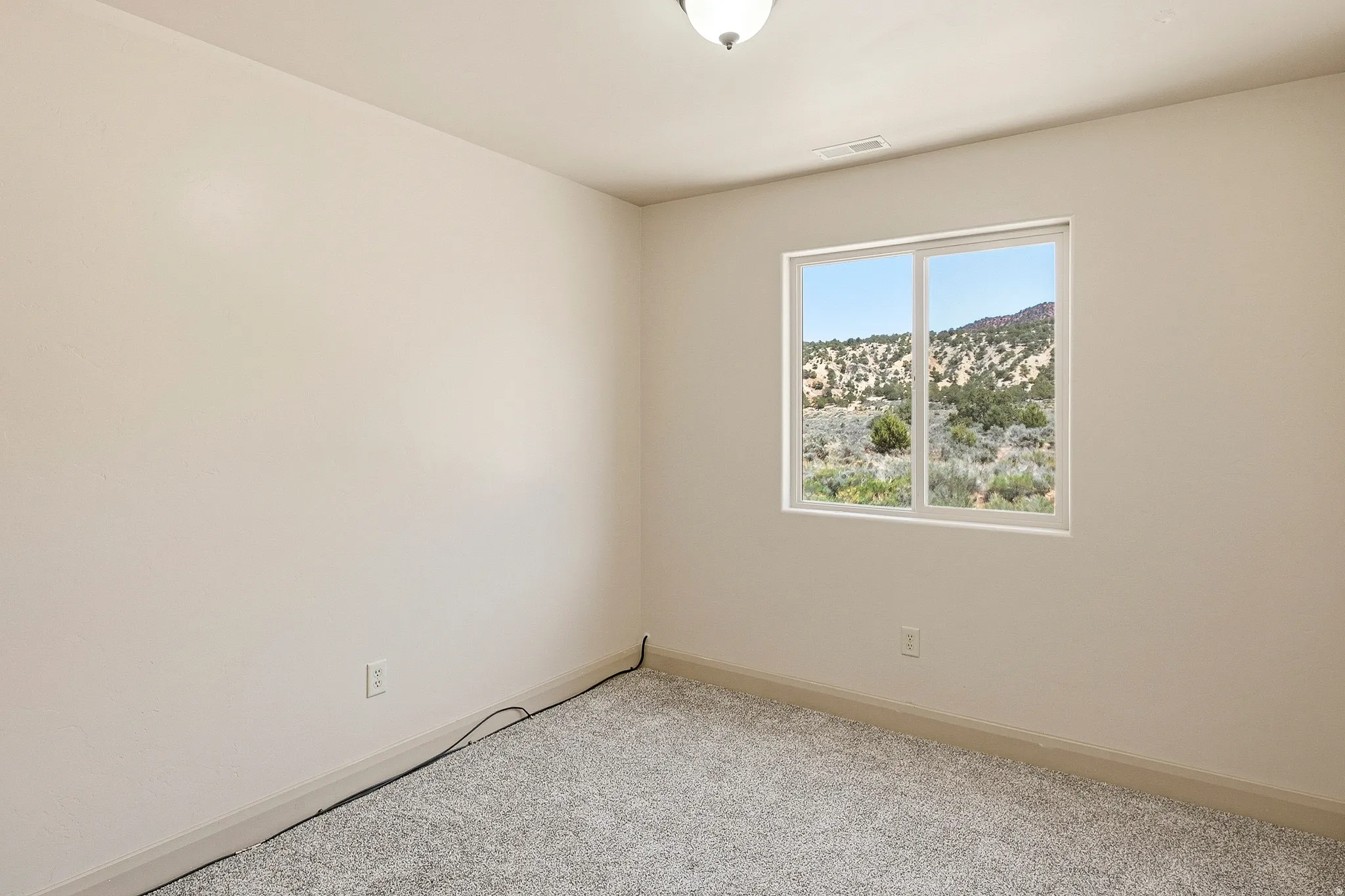 Room featuring light-colored walls, grey textured carpeting, and a window with white trim