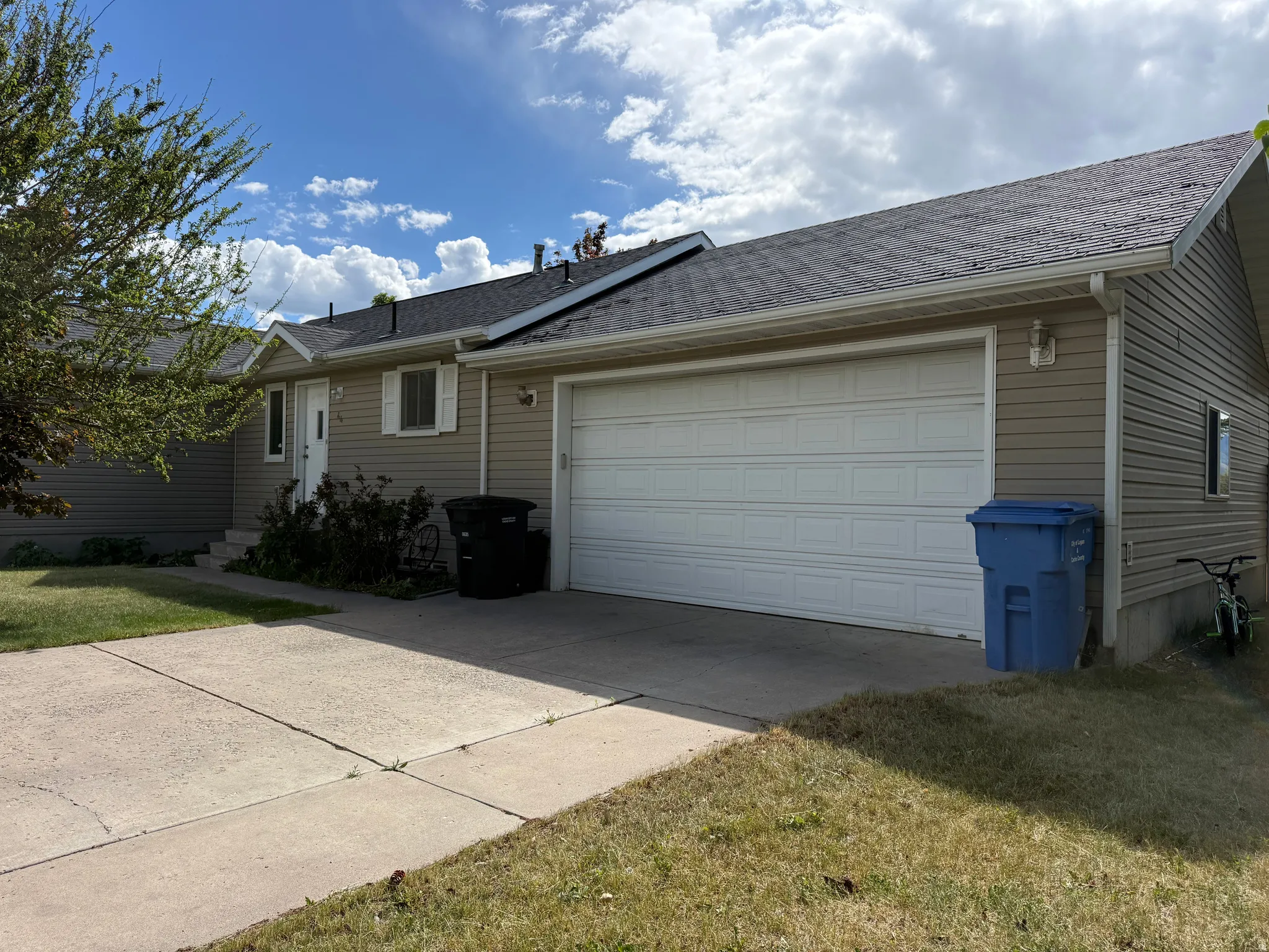 Single-story residence featuring light-colored siding, a dark shingle roof, and a two-car garage