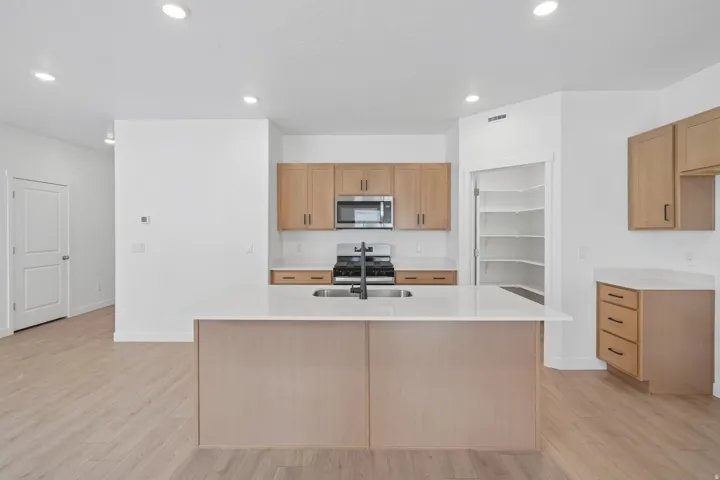 Modern kitchen featuring an island with a sink, stainless steel appliances, light wood-finish cabinetry, white countertops, and a walk-in pantry with shelving