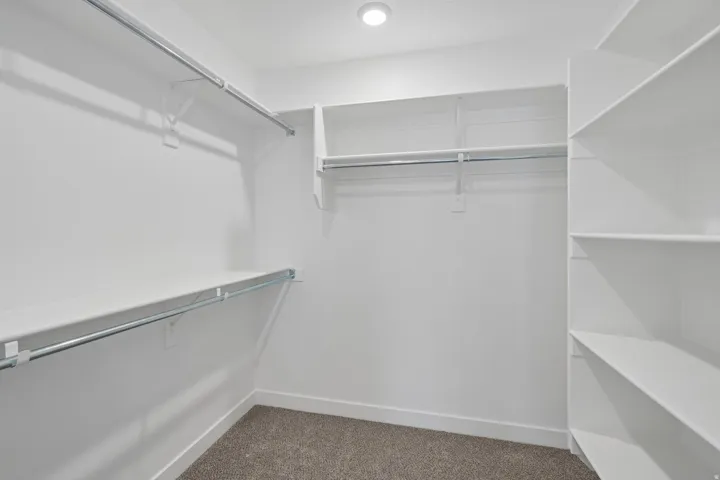 Recessed lighting illuminates a closet featuring white built-in shelving, hanging rods, and carpet flooring