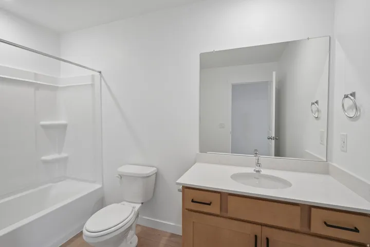 Integrated bathtub and shower combination, wood-finish vanity with dark hardware, stone-finish countertop, single basin sink, and large wall-mounted mirror