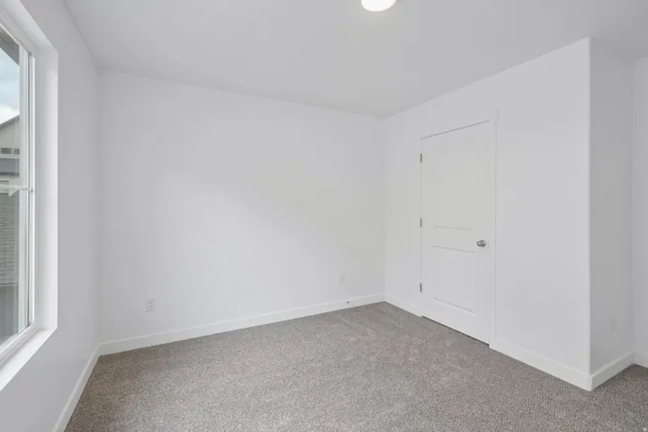 Neutral wall paint, gray carpet flooring, white trim, recessed lighting, and a paneled door