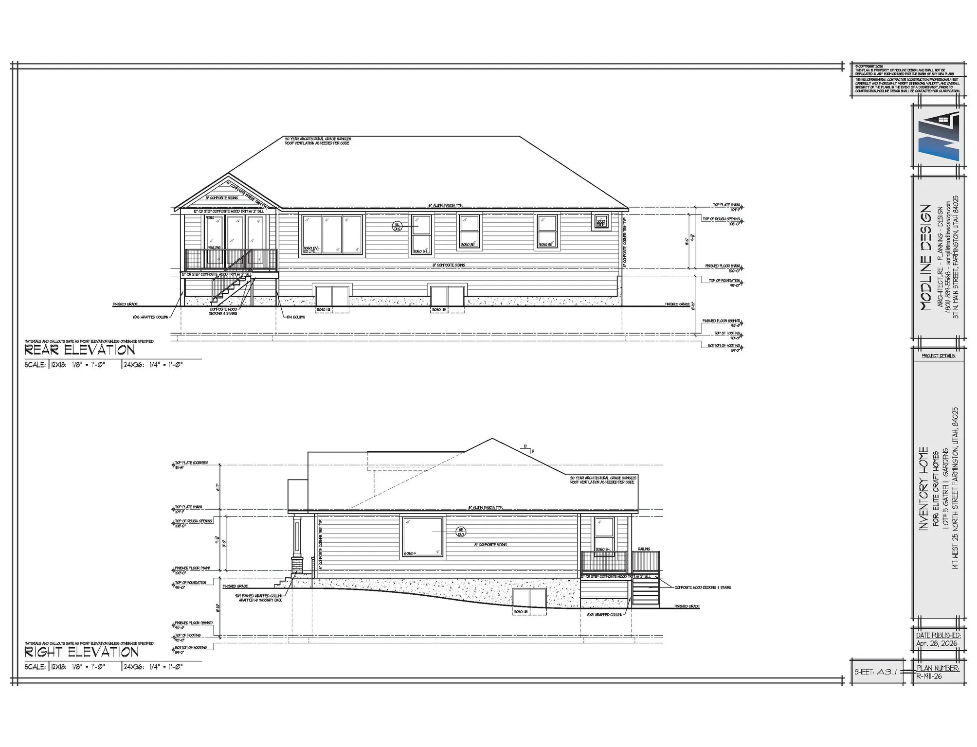 Architectural Drawings. Presenting rear and right side elevations for the property