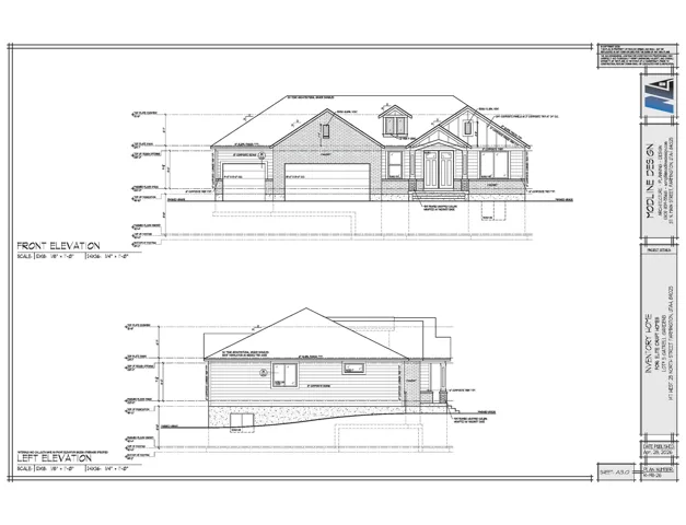 Architectural Drawing, Elevations. Displaying the front and left side views of the property
