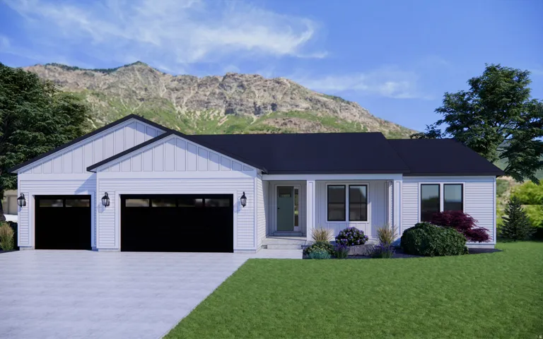 Modern white siding exterior with a dark roof and mountain backdrop