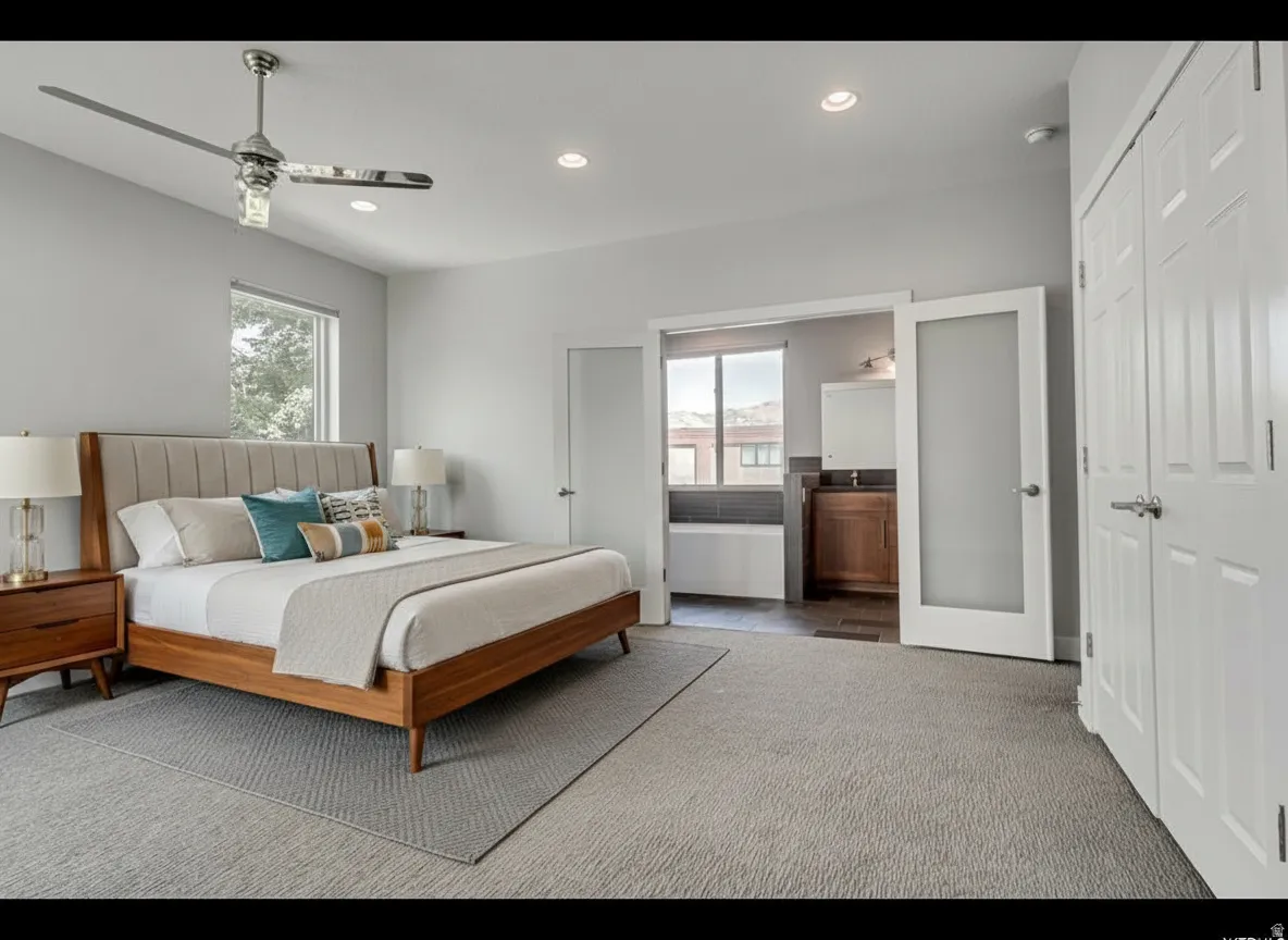 Expansive carpeted room featuring a ceiling fan with integrated lighting, recessed lighting, and a window
