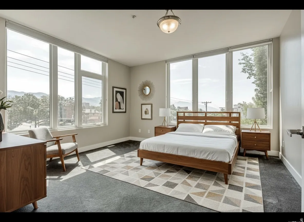 Expansive windows illuminate this room, featuring light gray walls and dark gray carpeting