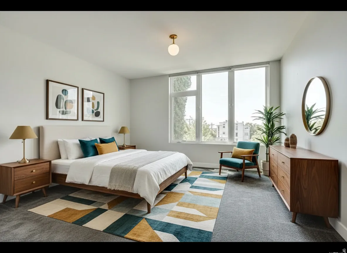 Bedroom featuring large windows, neutral wall tones, and carpeted flooring