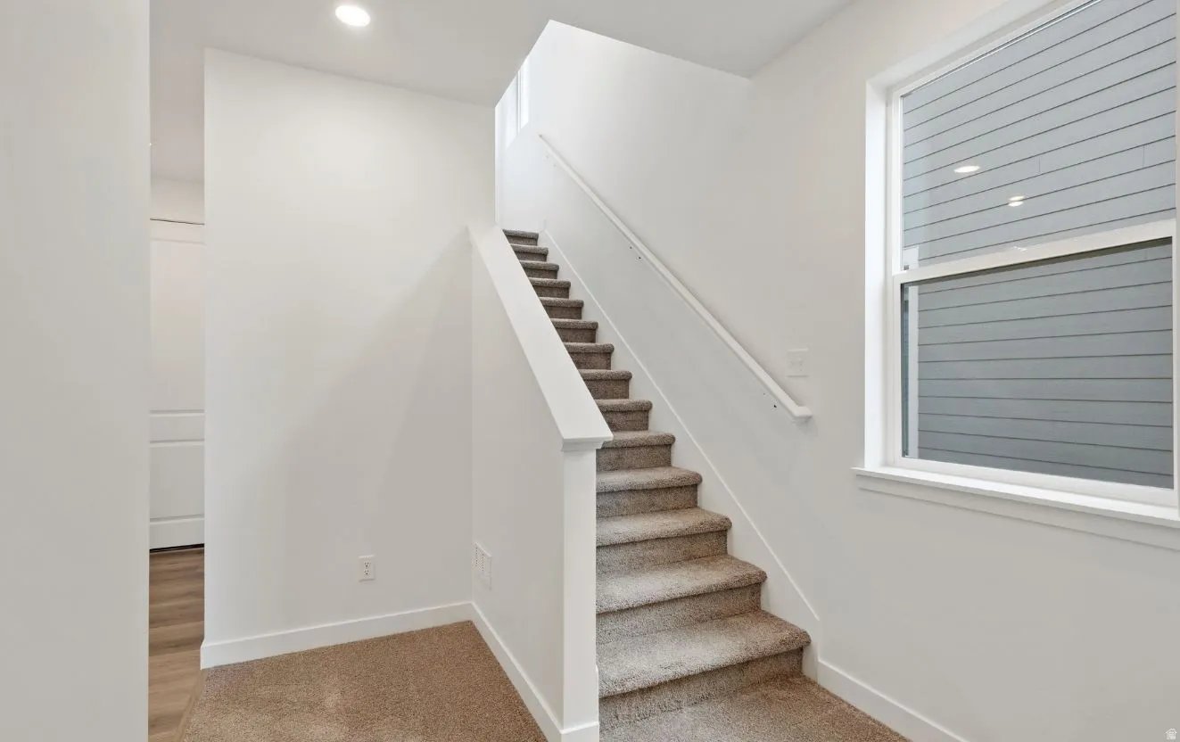 Carpeted staircase with white balustrade and handrail