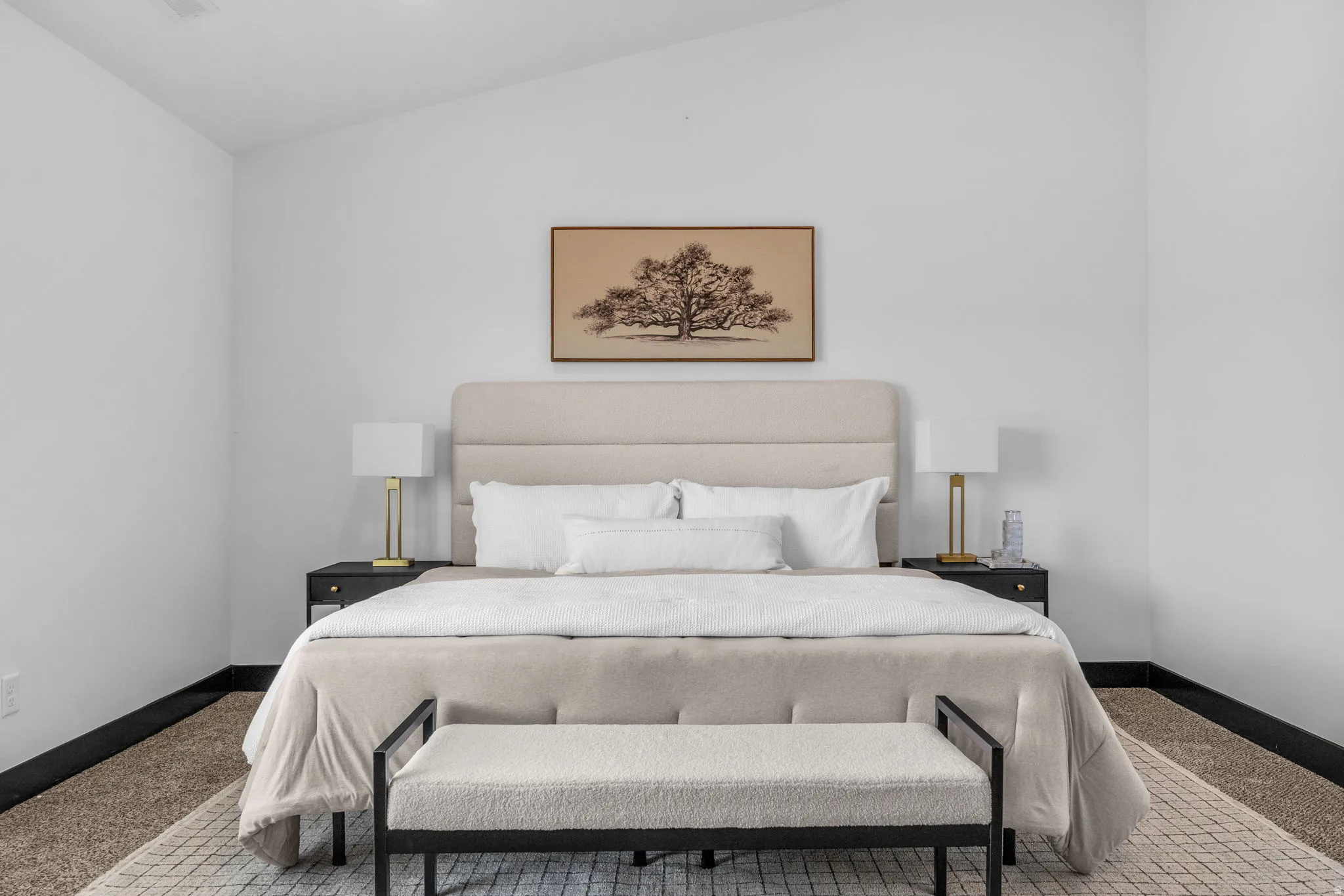 Vaulted ceiling over a neutral-toned room featuring light-colored walls and dark baseboards
