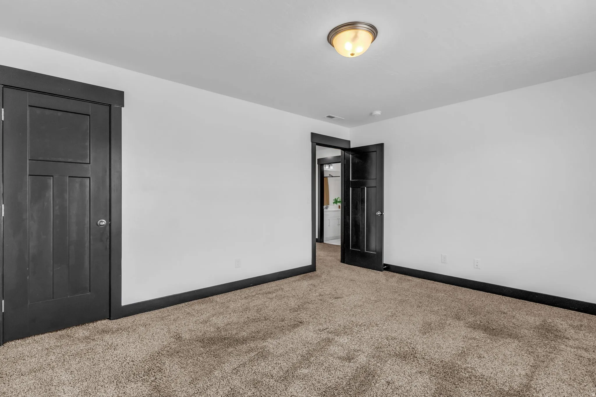 Room featuring light-colored walls, dark trim, and neutral-toned carpeting