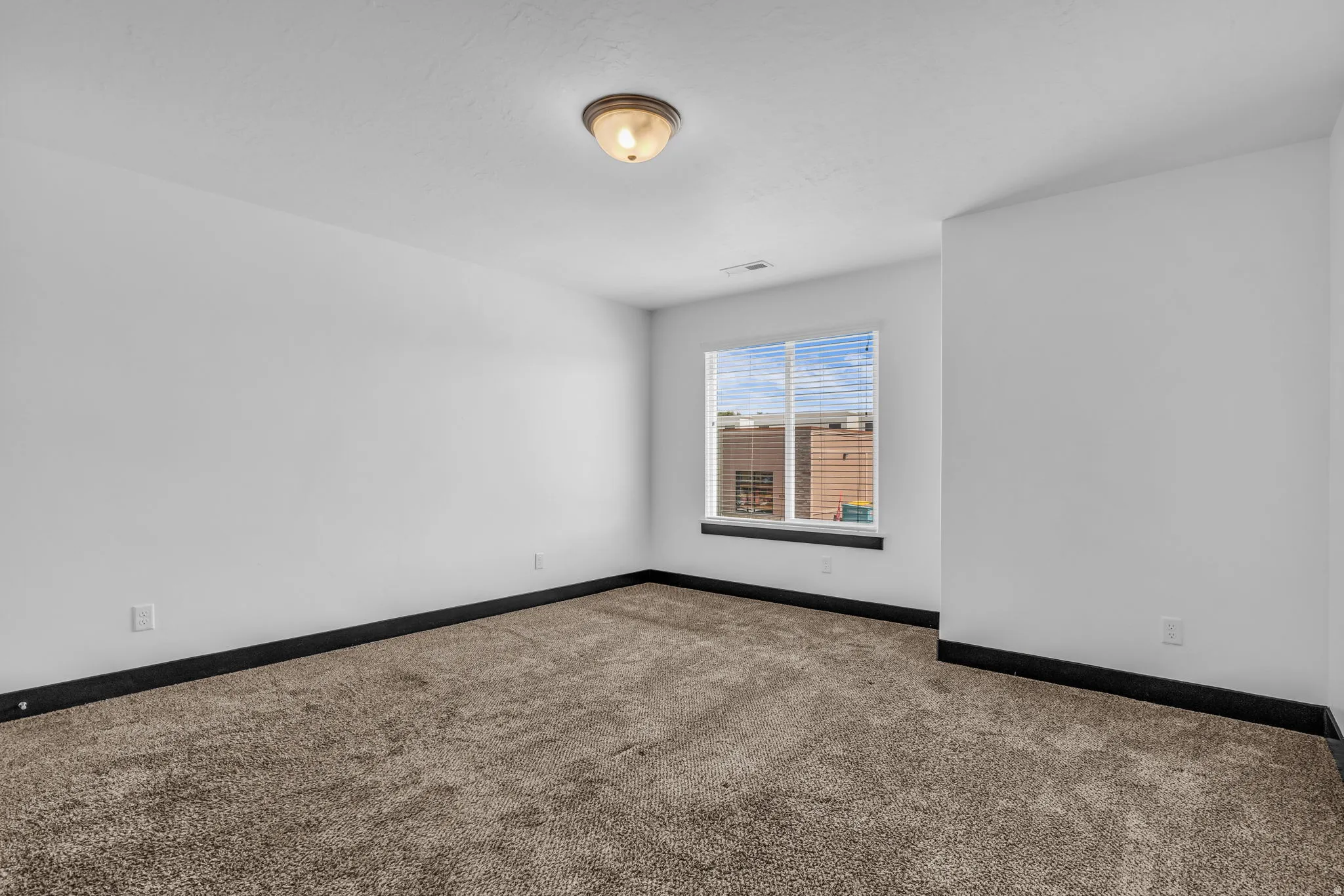Carpeted room featuring a single window with blinds, white walls, dark baseboards, and a ceiling-mounted light fixture