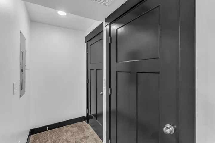 Interior hallway featuring dark panel doors, white walls, recessed ceiling lighting, and carpet flooring