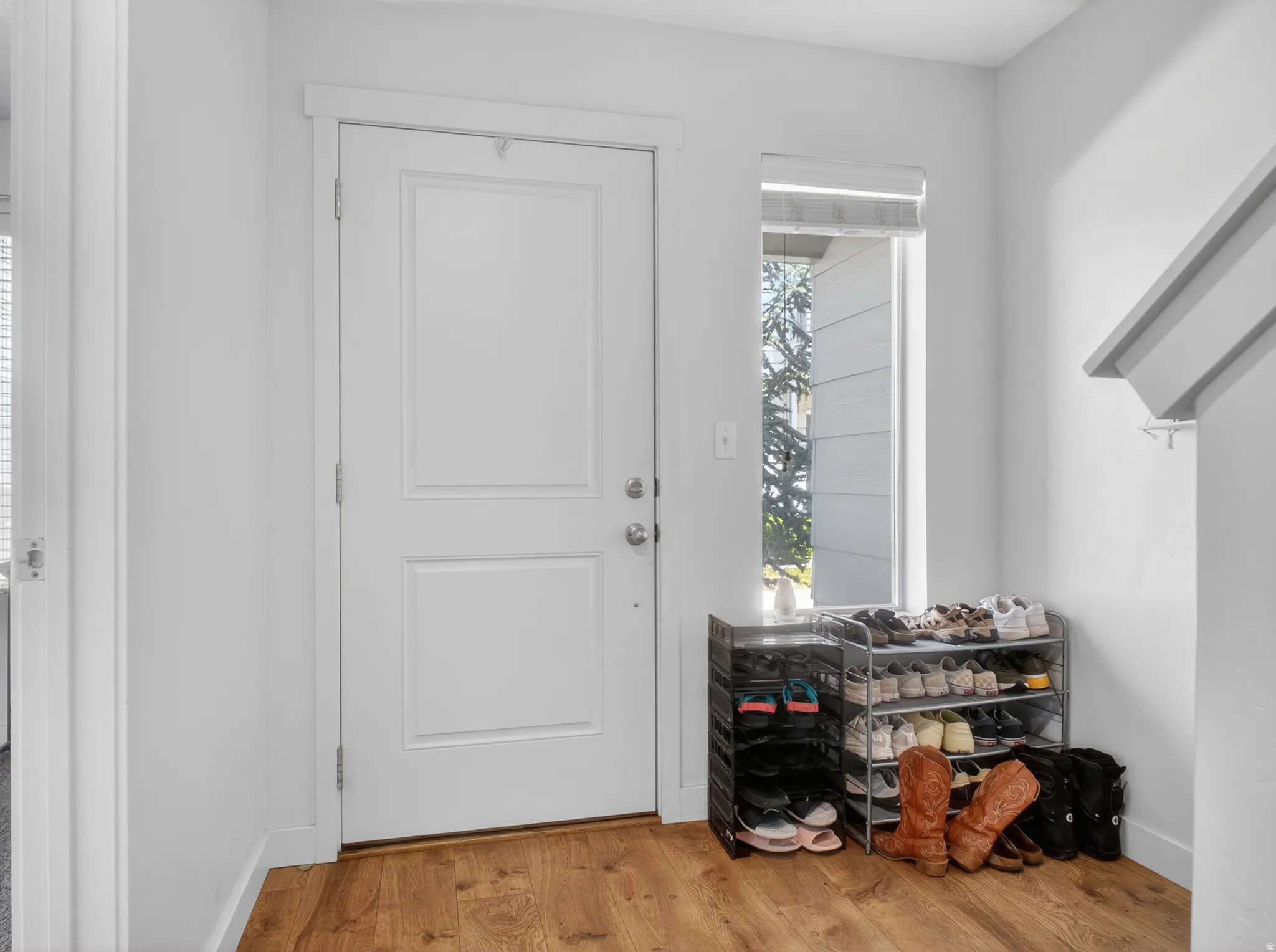 Entryway featuring wood-finish flooring, a white paneled door, and a vertical window with a roller blind