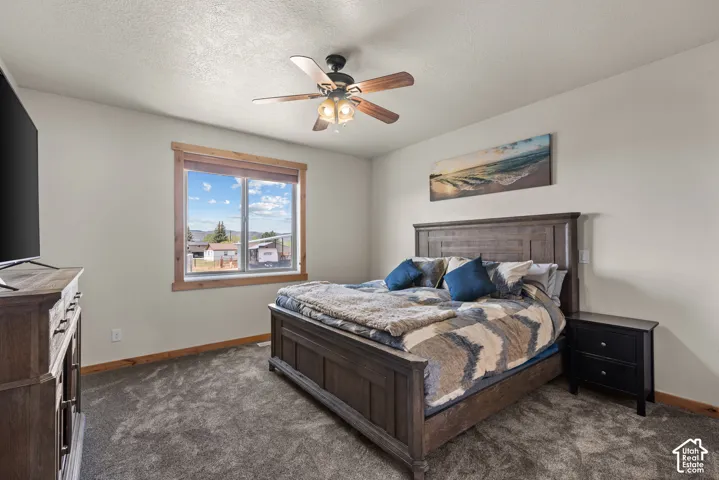 Carpeted bedroom featuring a large window with natural wood trim, a ceiling fan with light fixture, and neutral wall paint