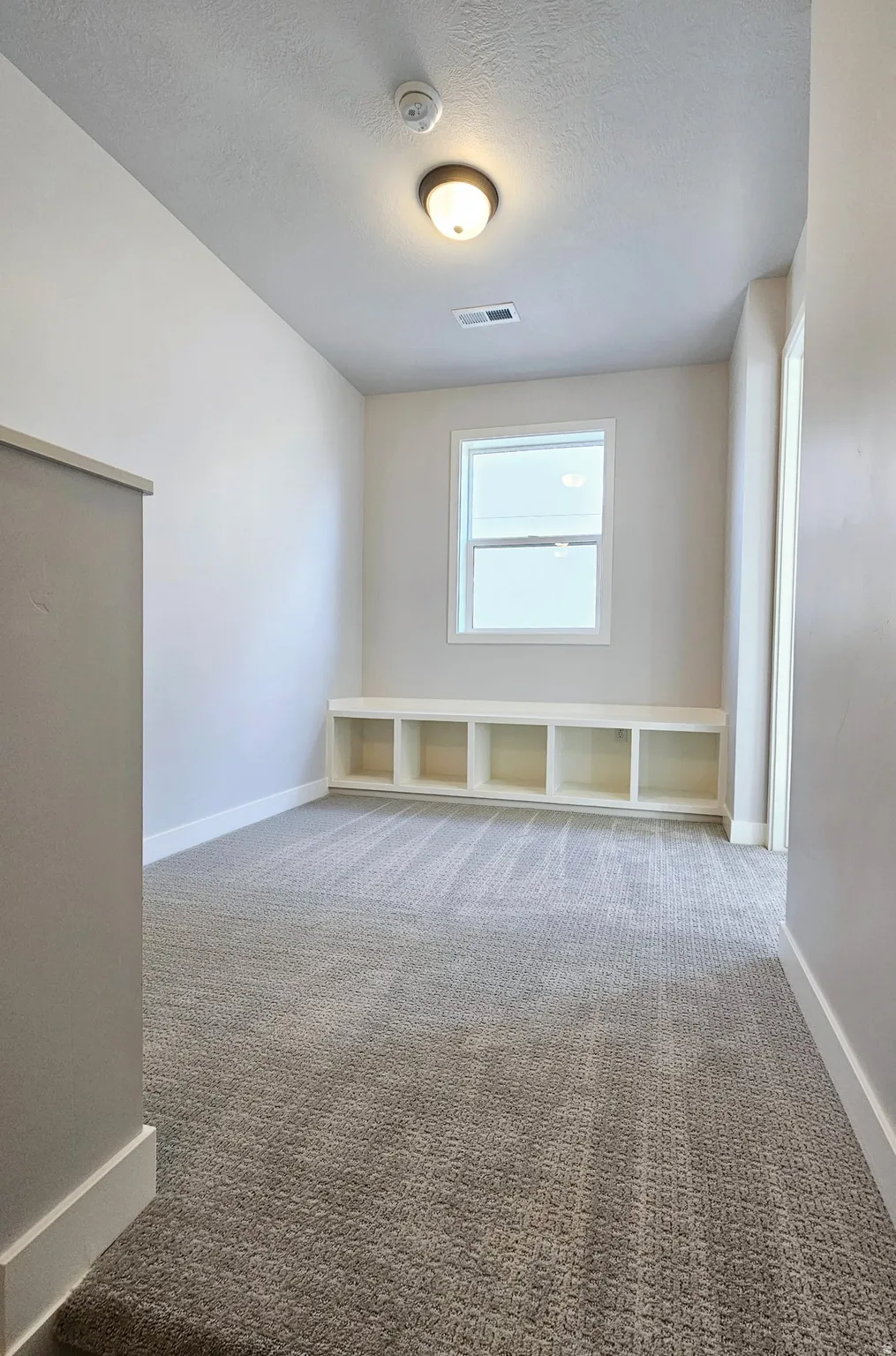 Versatile bonus space featuring built-in shelving, a large window, plush patterned carpeting, a flush-mount ceiling light, and white baseboards