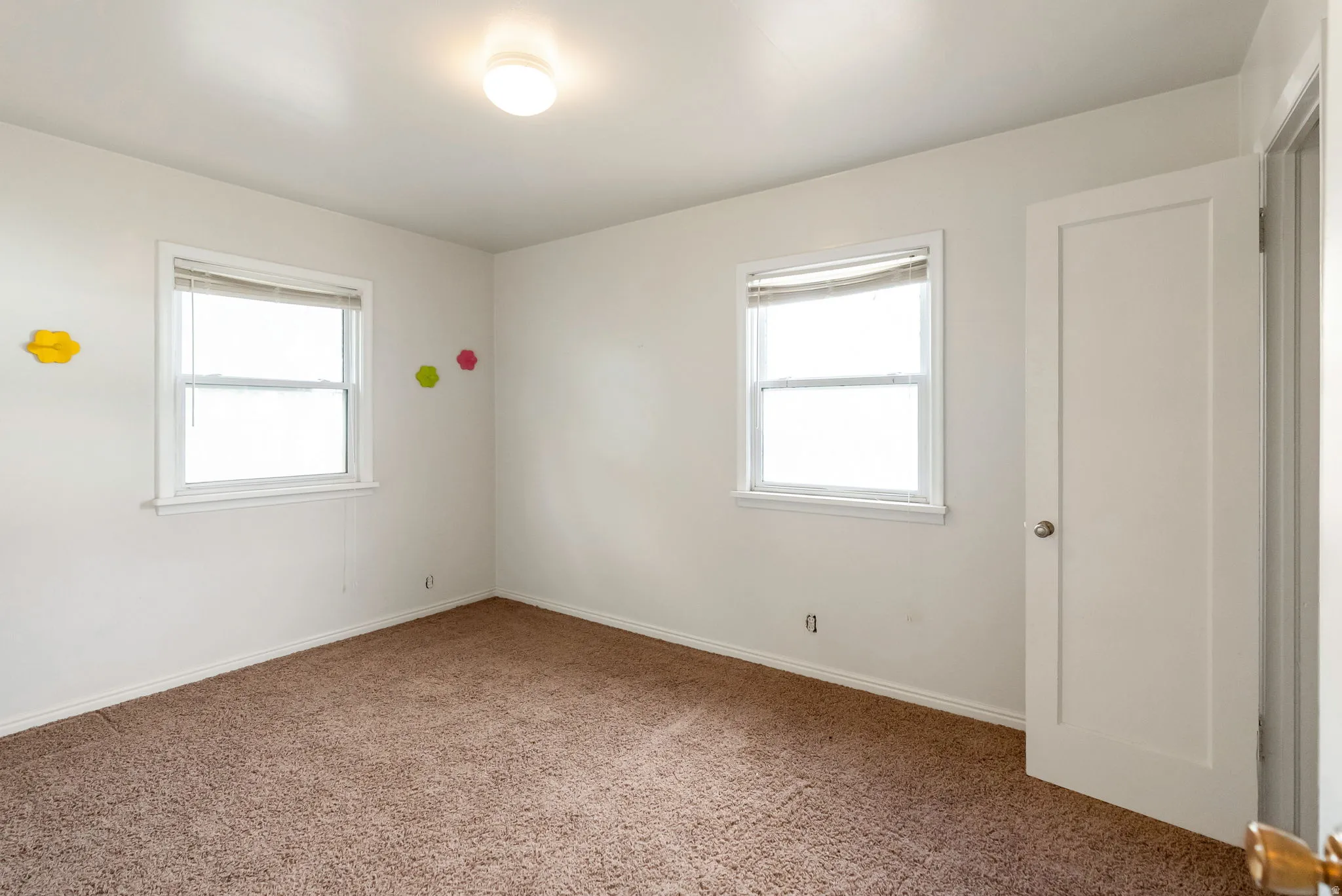 Bright room featuring two double-hung windows, a flush-mount ceiling light fixture, and brown carpet flooring