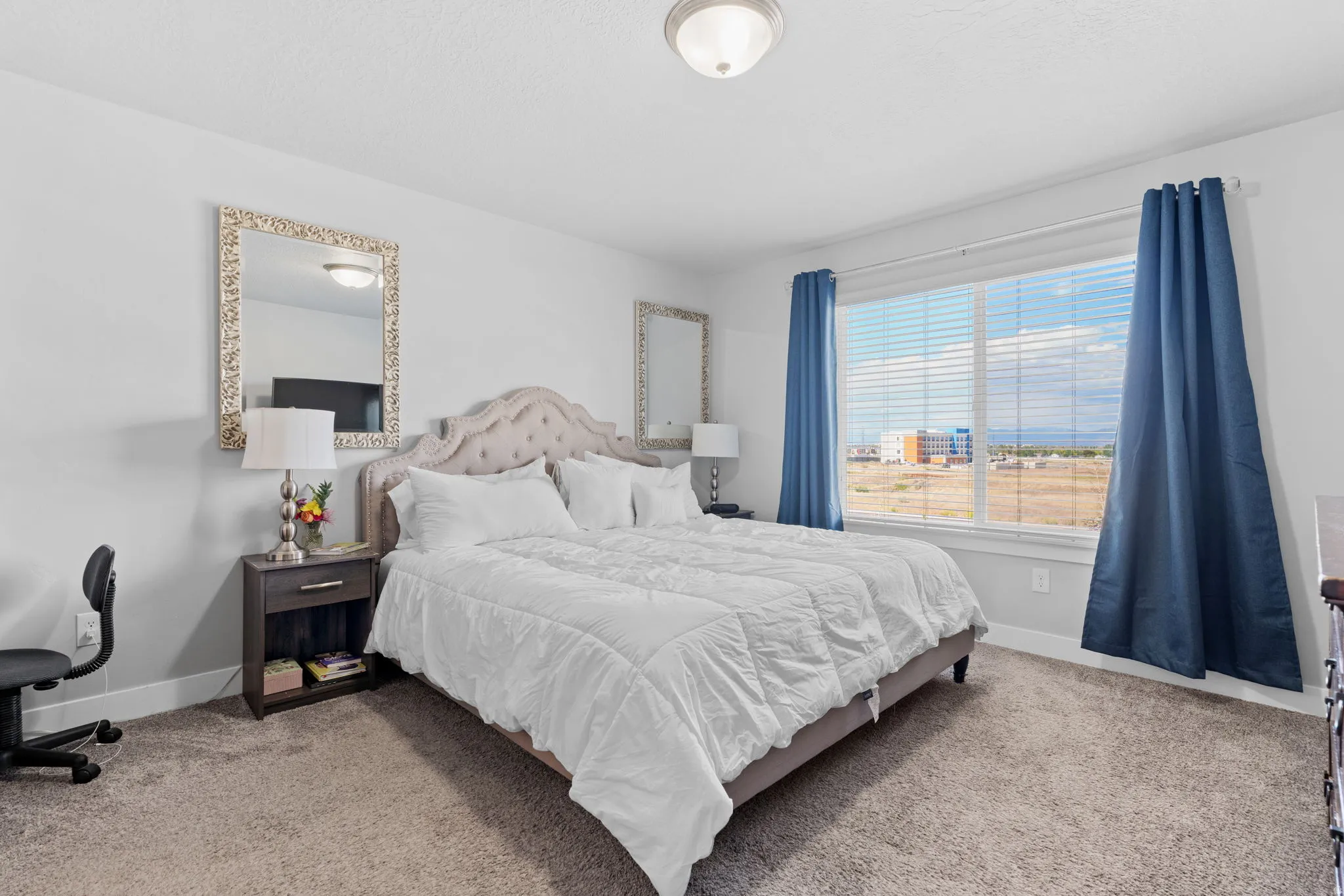 Carpeted bedroom featuring a large window with horizontal blinds, a ceiling-mounted light fixture, and light gray wall paint