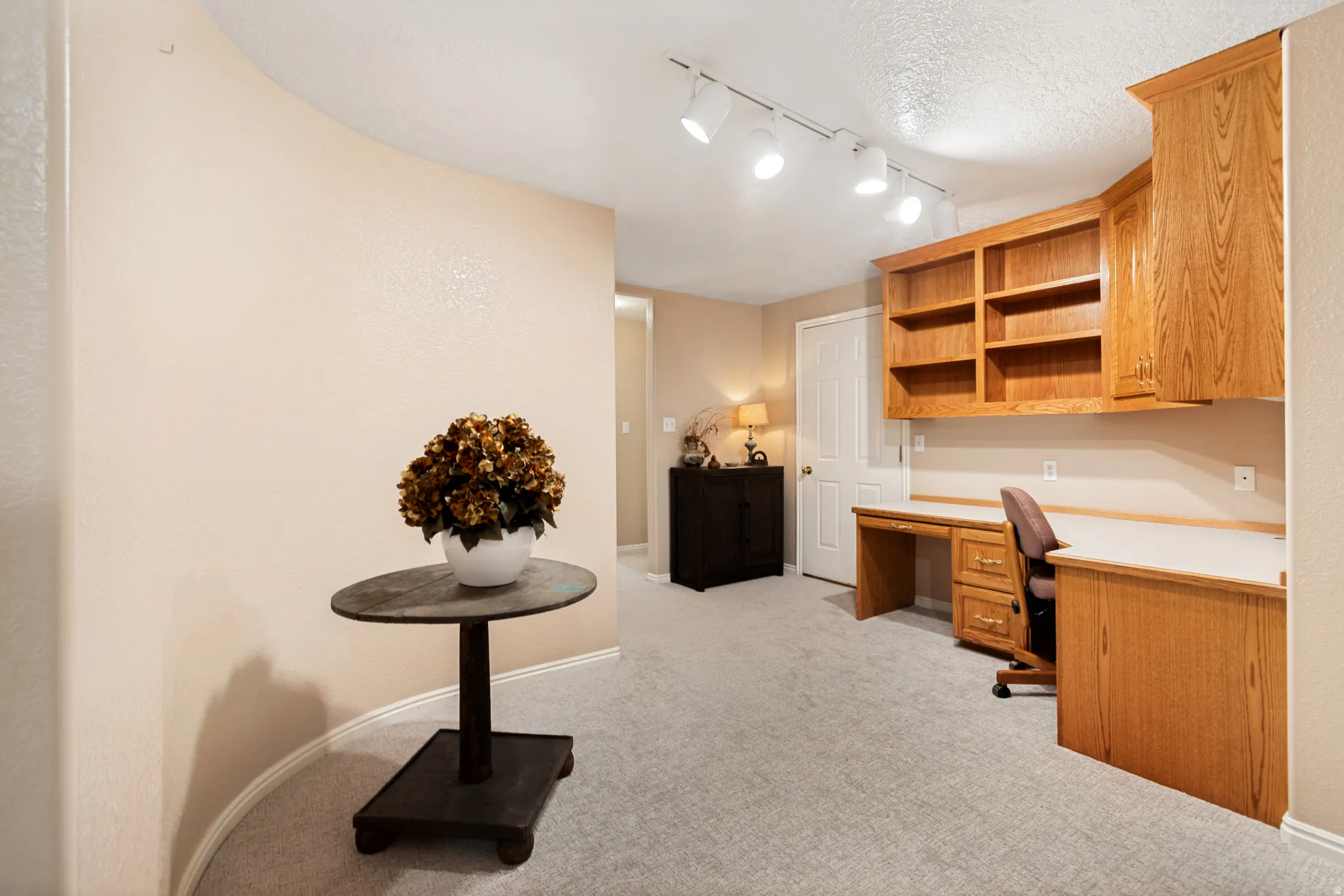 Dedicated office space featuring built-in oak cabinetry with shelving, track lighting, and light-toned carpeting