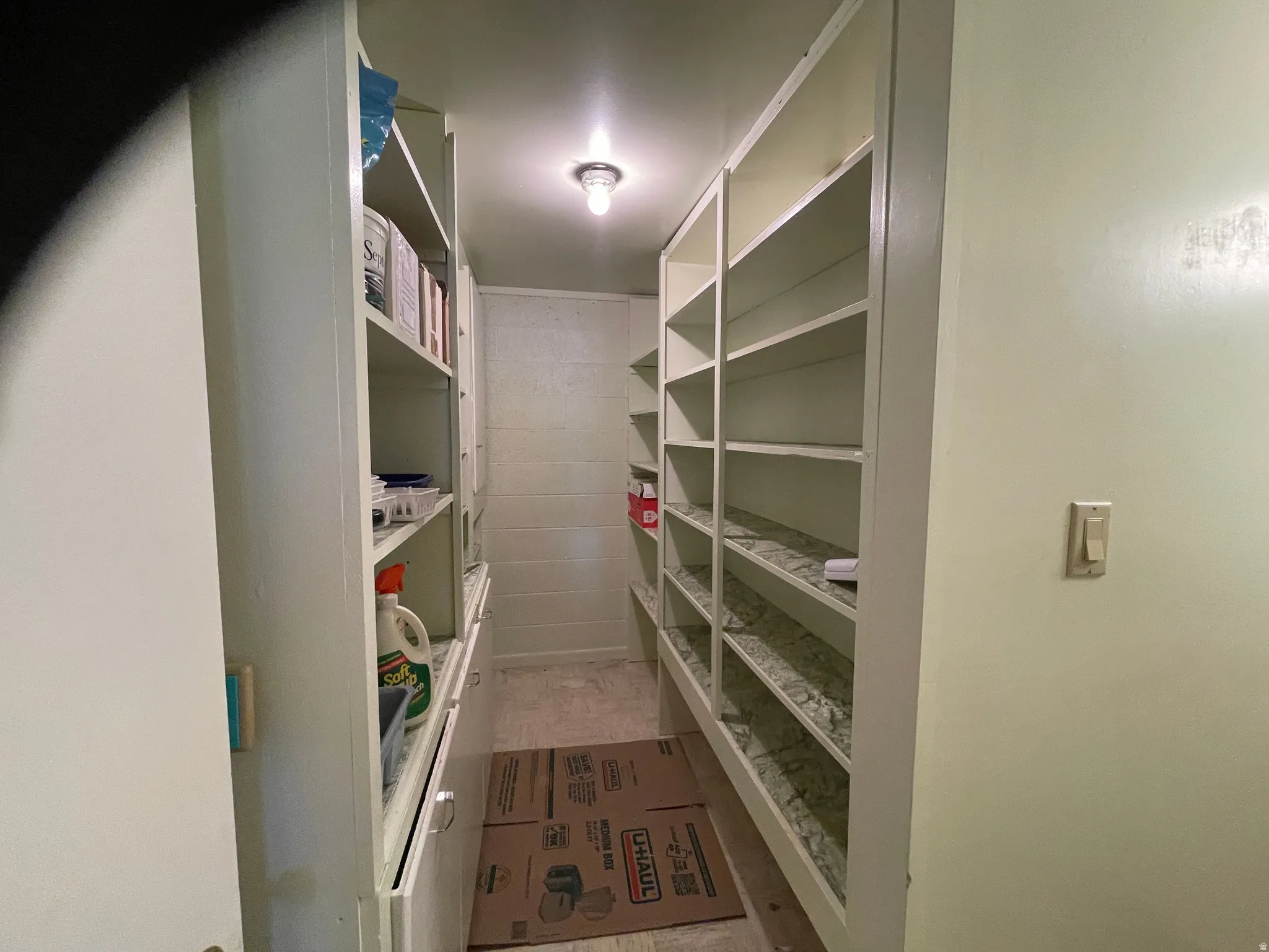 Dedicated storage room featuring extensive built-in shelving, a flush-mount ceiling light, and light-toned walls