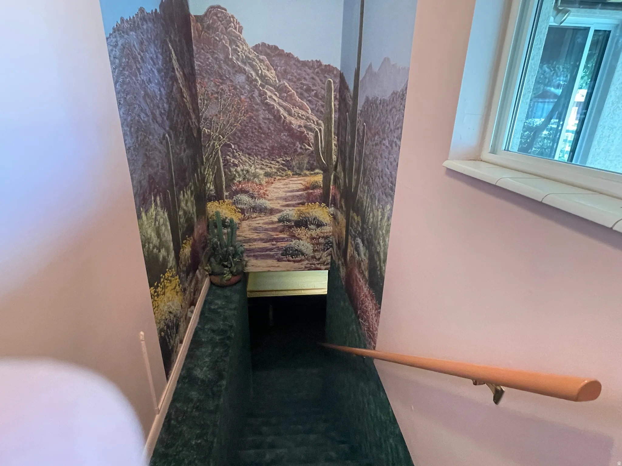 Stairwell featuring a desert landscape mural, carpeted stairs, and a light wood handrail