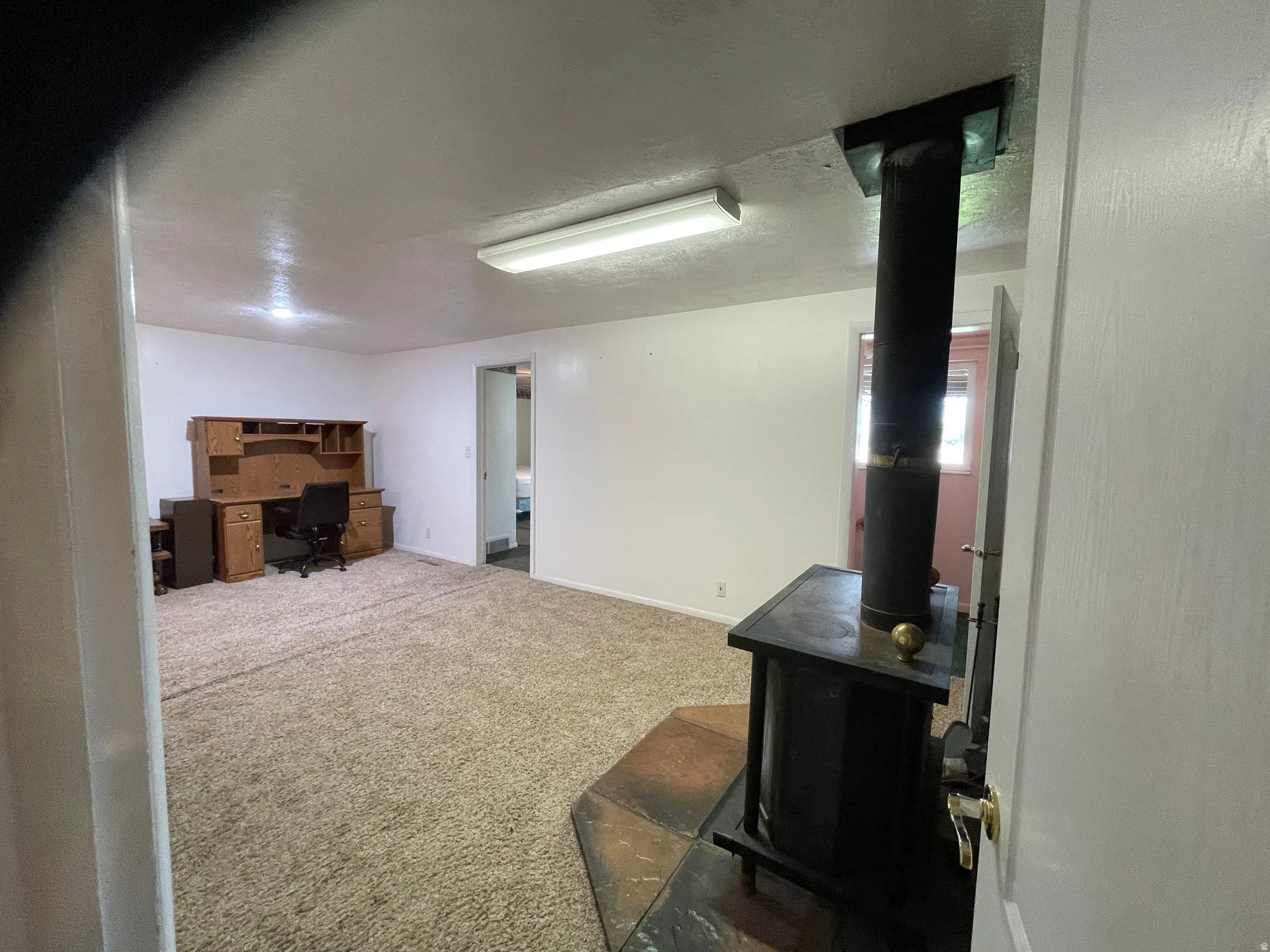Spacious sitting room are of massive Primary Suite.   Wood-burning stove with a stone hearth, neutral carpeting, white painted walls, and overhead fluorescent lighting