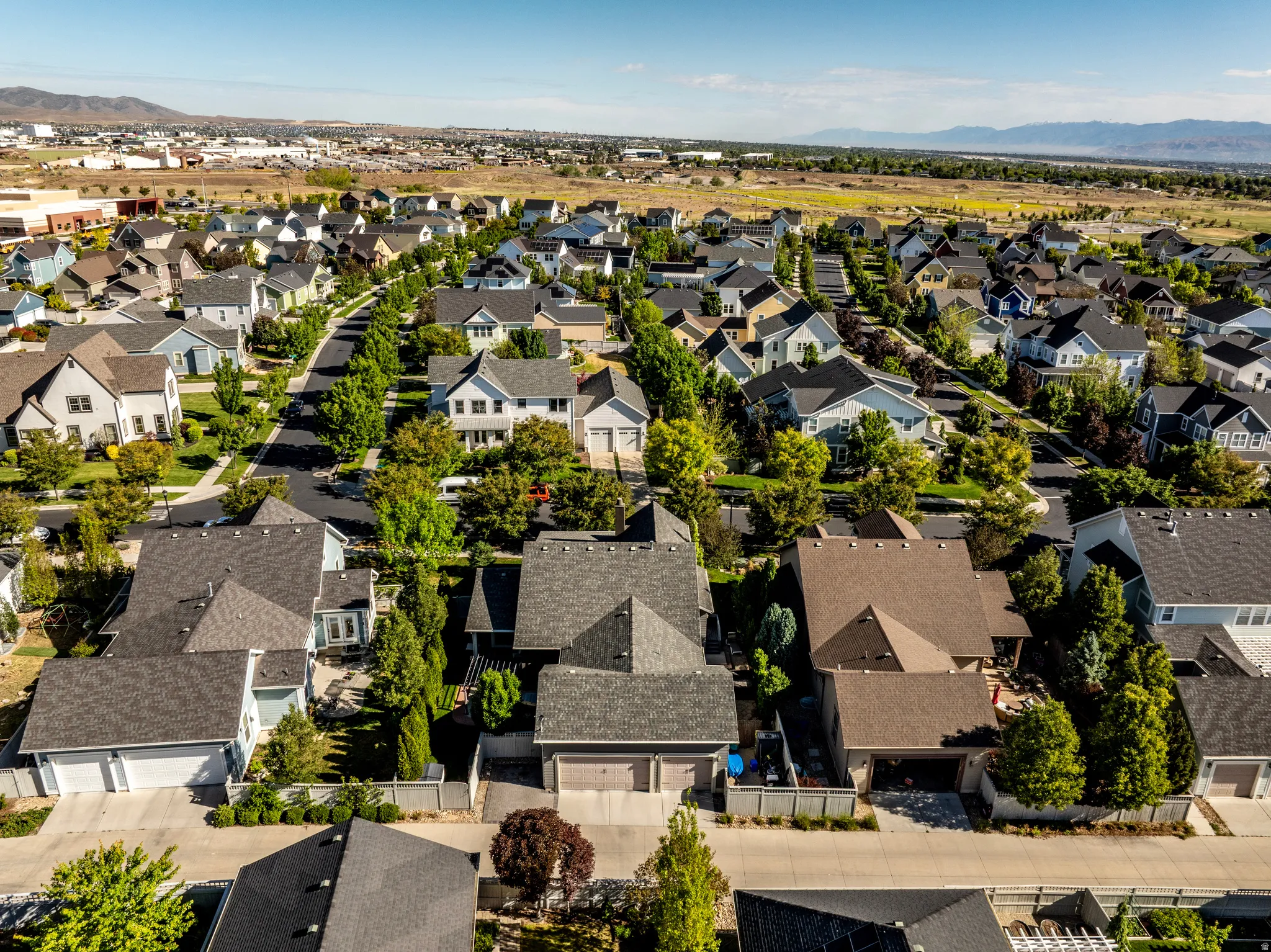 Aerial perspective showcasing a residential community with varied architectural styles