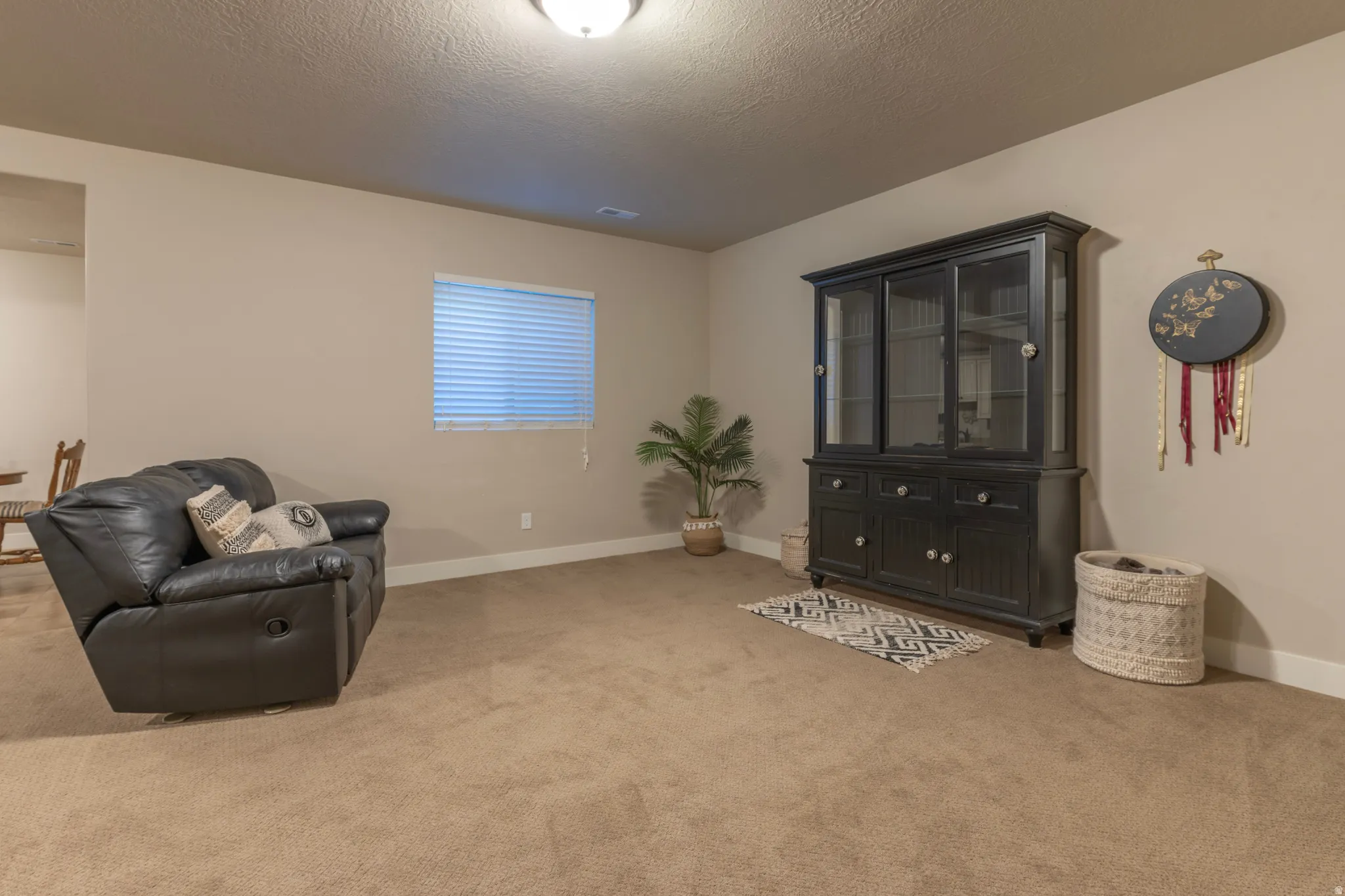 Carpeted room with neutral wall tones and a single window featuring horizontal blinds