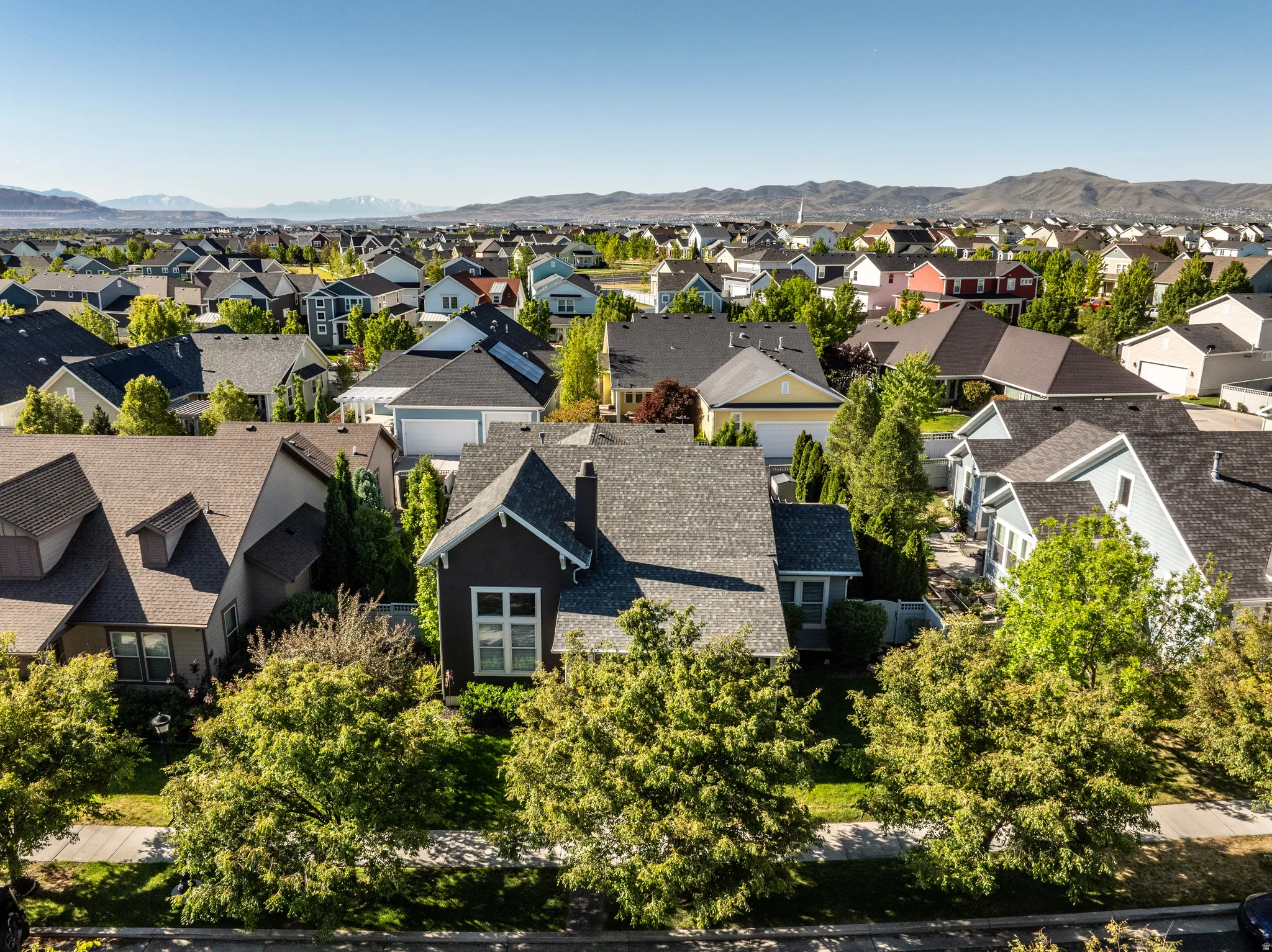 Residential neighborhood featuring varied architectural styles and mature street trees