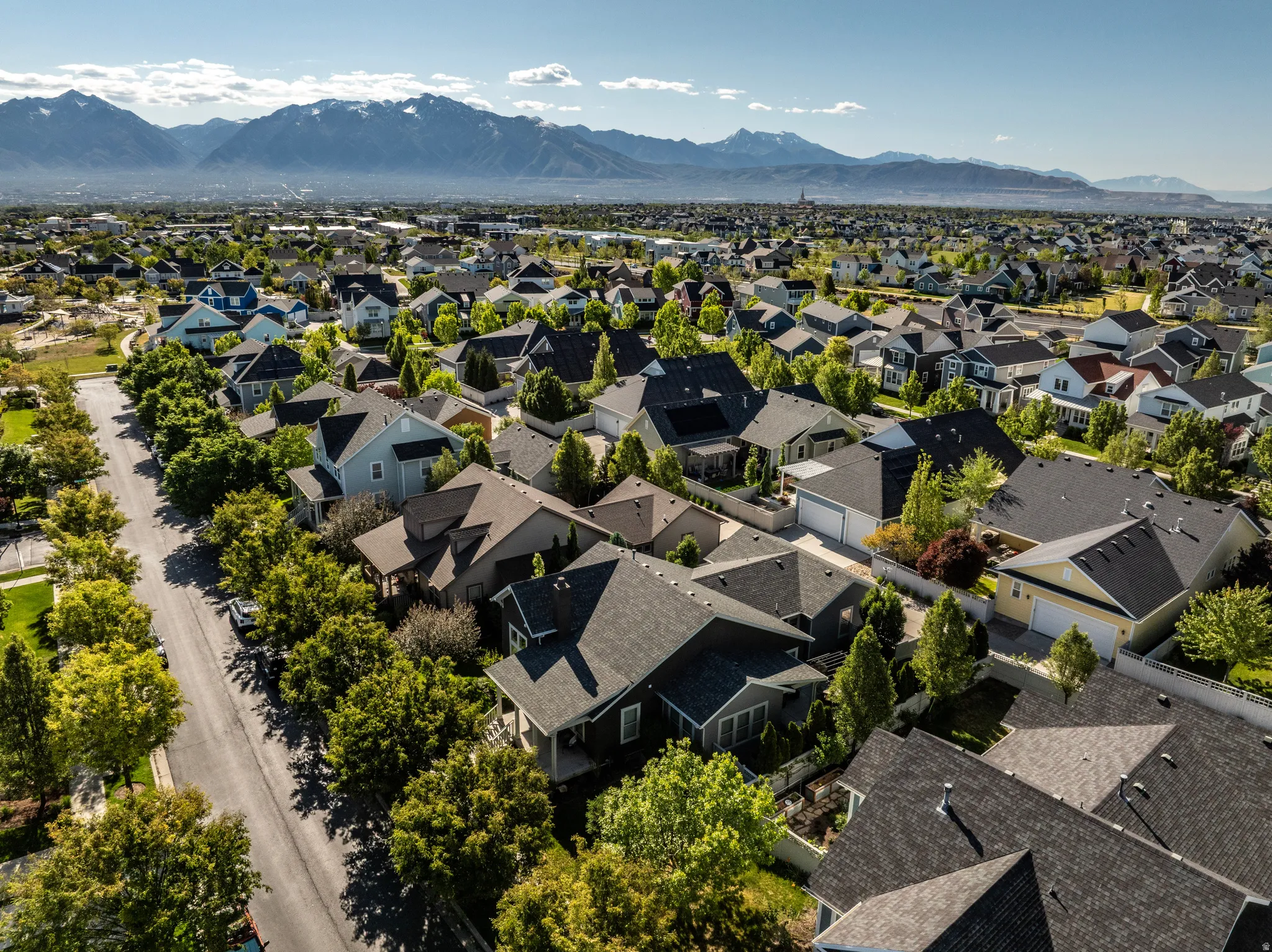 Expansive residential community featuring a variety of home styles, mature landscaping, and tree-lined streets