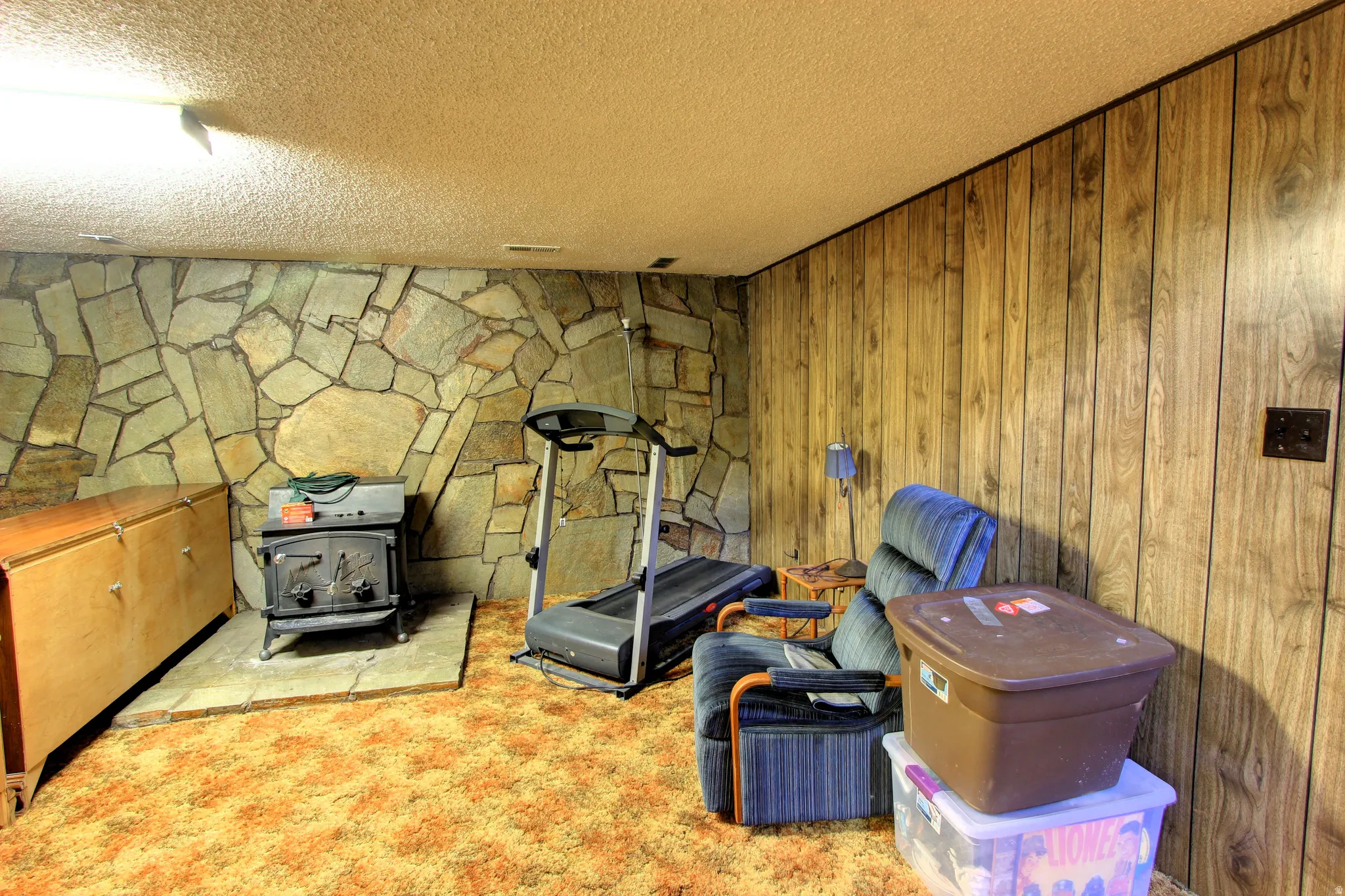 Stone accent wall featuring a wood-burning stove on a stone hearth