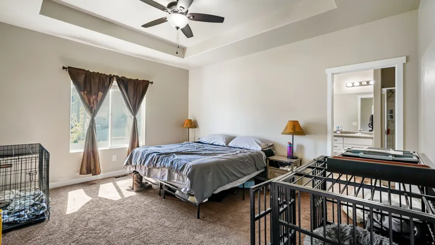 Primary Bedroom, Newly Carpeted bedroom with a tray ceiling and a ceiling fan