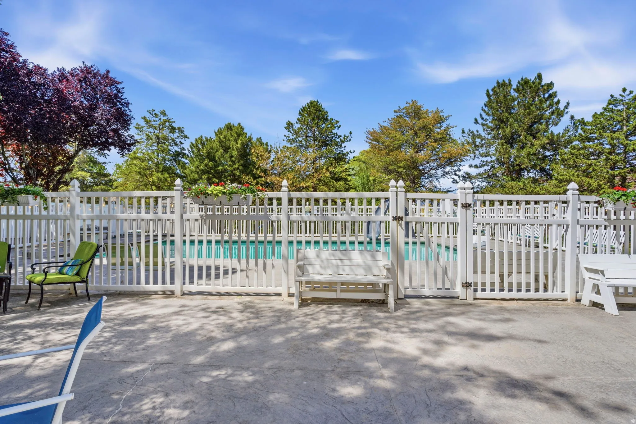 Outdoor pool area featuring a white picket fence, concrete patio, and surrounding mature trees