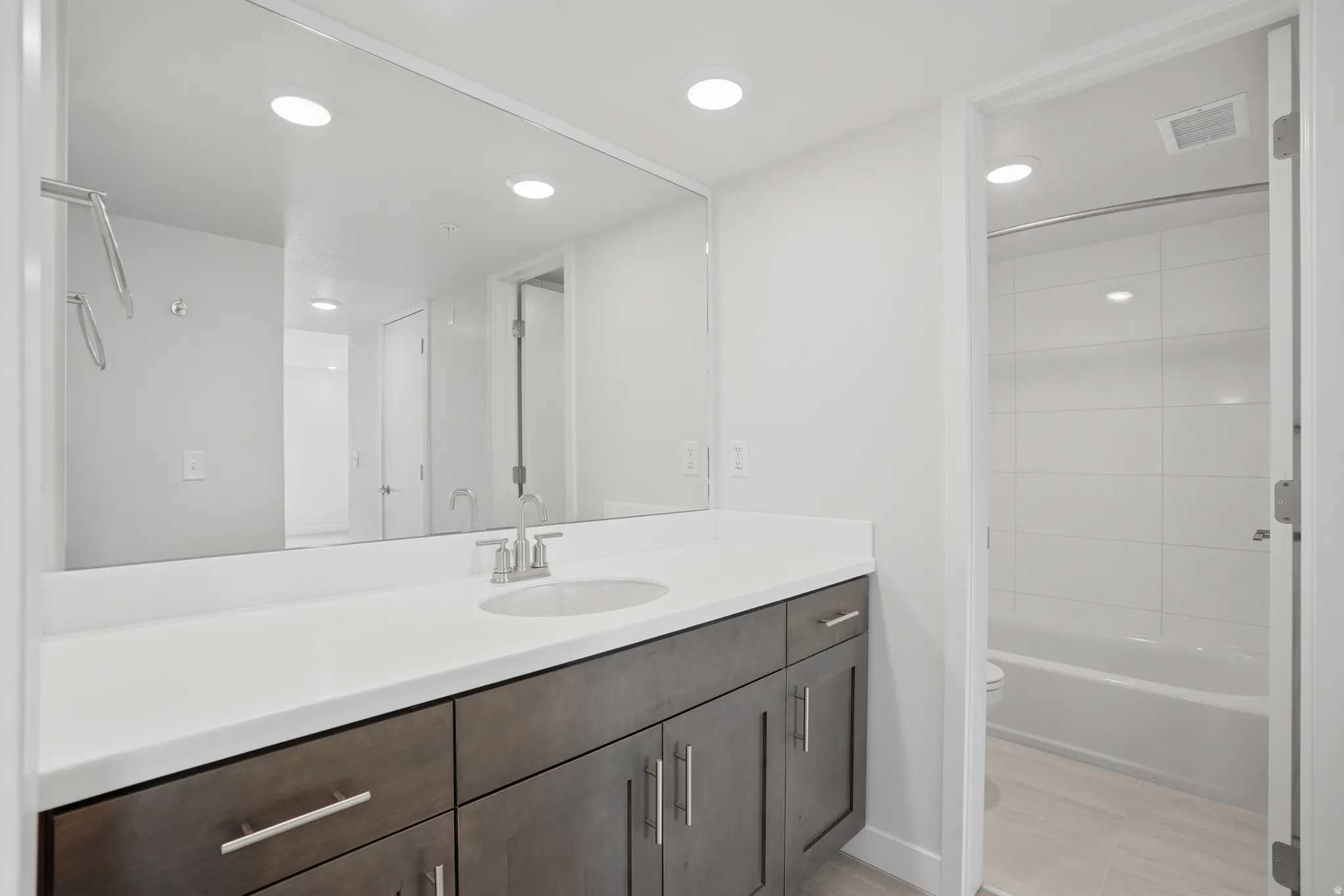 Bathroom with ample vanity and storage space with separate tub, shower, and toilet area