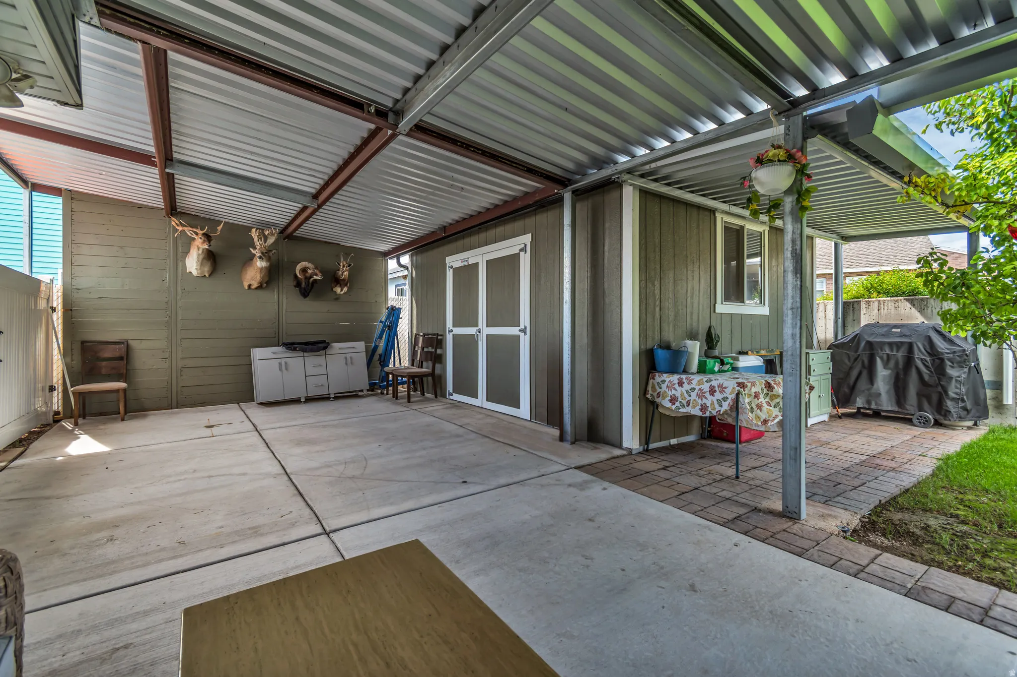 Covered outdoor concrete patio featuring a corrugated metal roof and exposed metal beams