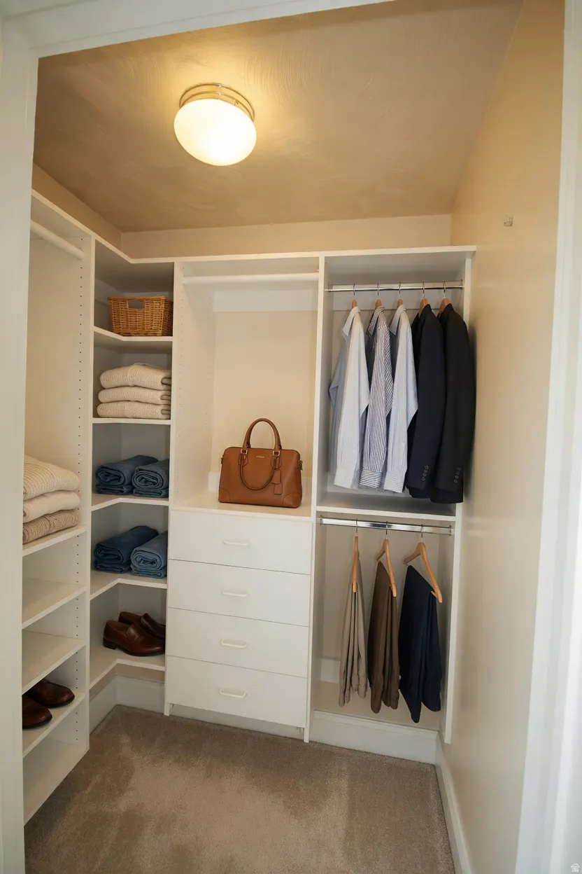 Bedroom 3 walk-in closet featuring built-in white shelving, multiple hanging rods, four integrated drawers, and neutral carpeting