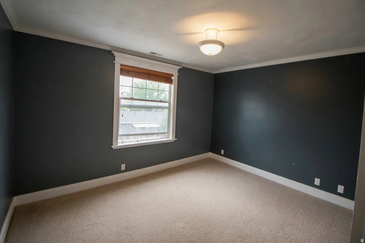 Bedroom 2 featuring dark gray walls, light beige carpet, white crown molding, and white baseboards