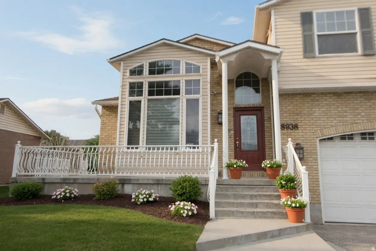 Two-story facade featuring brick and siding, a covered porch entry, arched windows, and a multi-pane front door