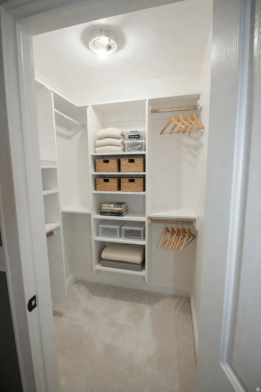 Bedroom 2 walk-in closet featuring built-in white shelving, multiple hanging rods, and light-toned carpeting