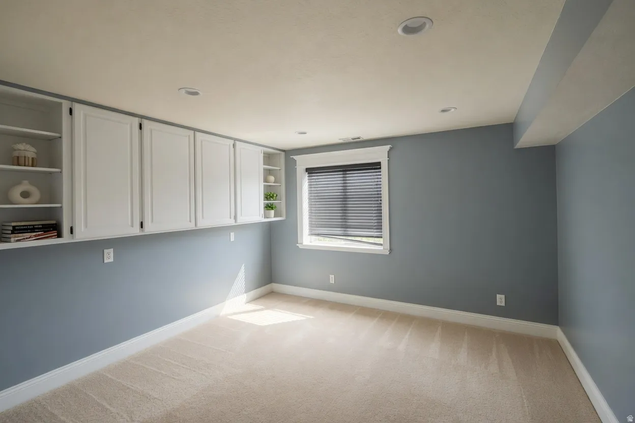 Built-in white cabinetry and open shelving provide integrated storage