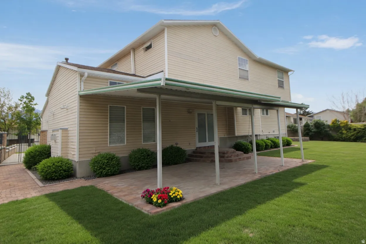 Rear yard featuring a covered patio, brick paver patio, established landscaping, and a large lawn area