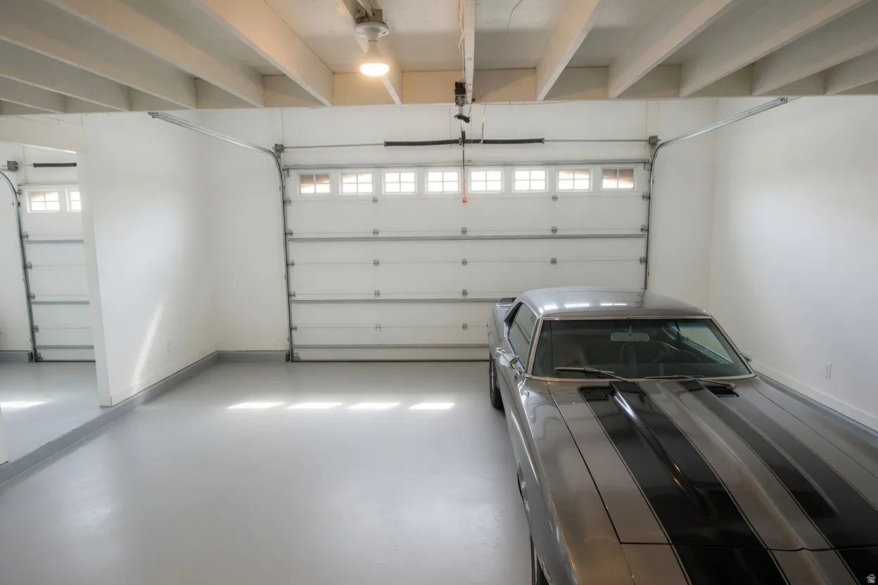 Spacious garage featuring two overhead doors with window panels, exposed beam ceiling, and a light gray finished floor