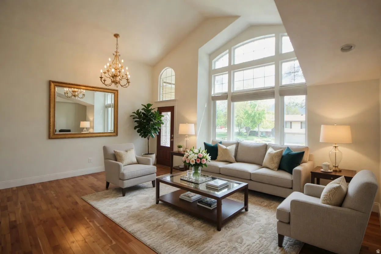 Living area featuring high vaulted ceilings, large picture windows, wood-finish flooring, an arched window above the entry door, and a chandelier