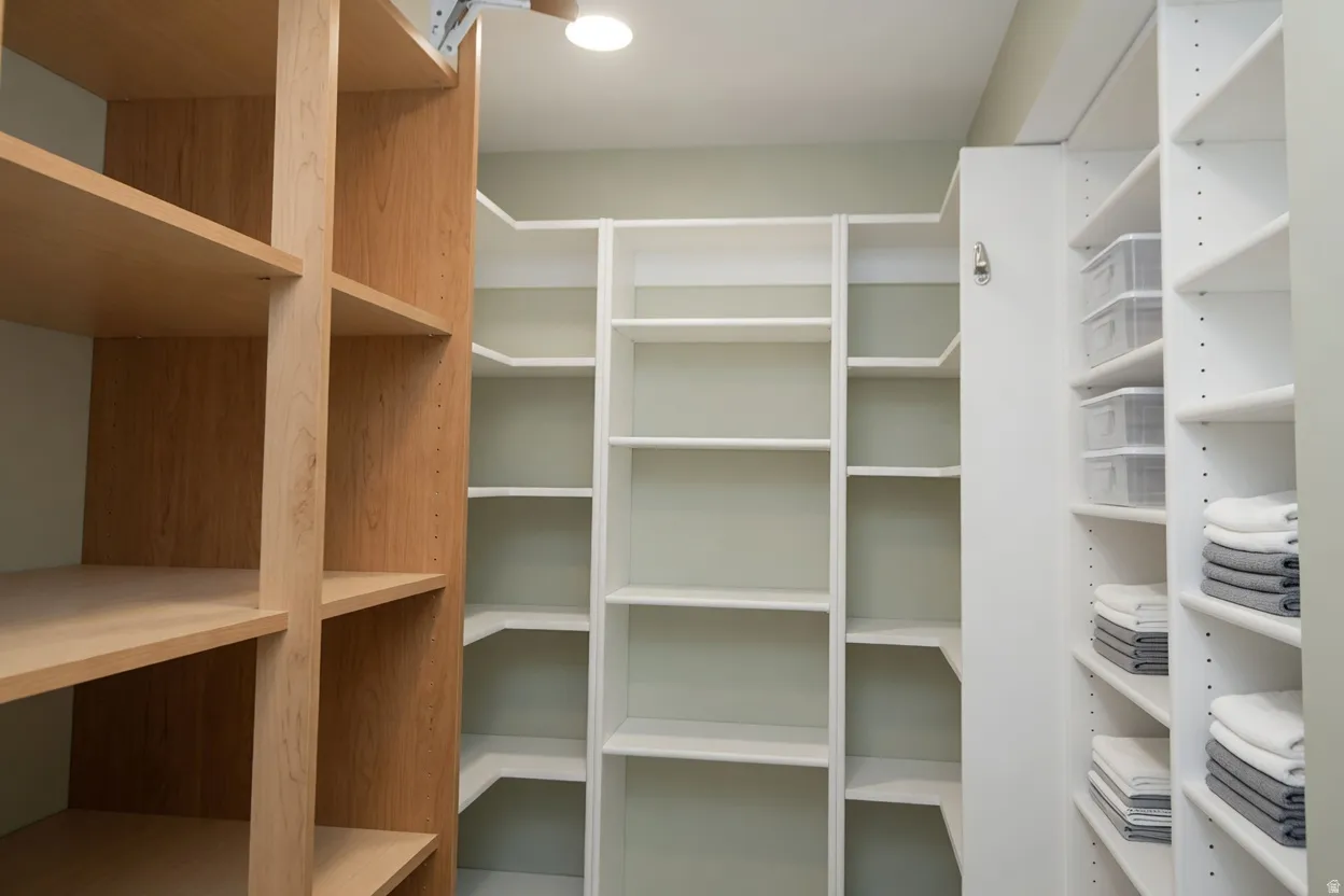Custom closet system featuring natural wood-finish shelving and white built-in adjustable shelving units