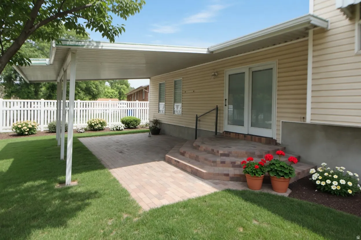 Covered patio featuring brick paver flooring and steps