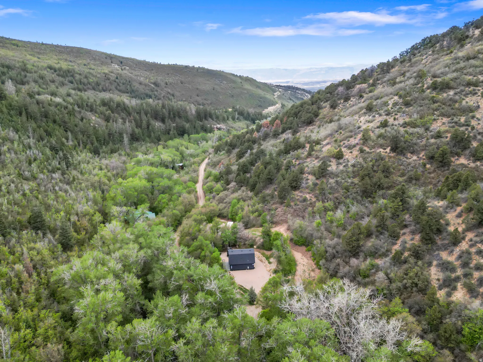 Drone perspective showcasing a modern black dwelling nestled among verdant trees and mountainous terrain