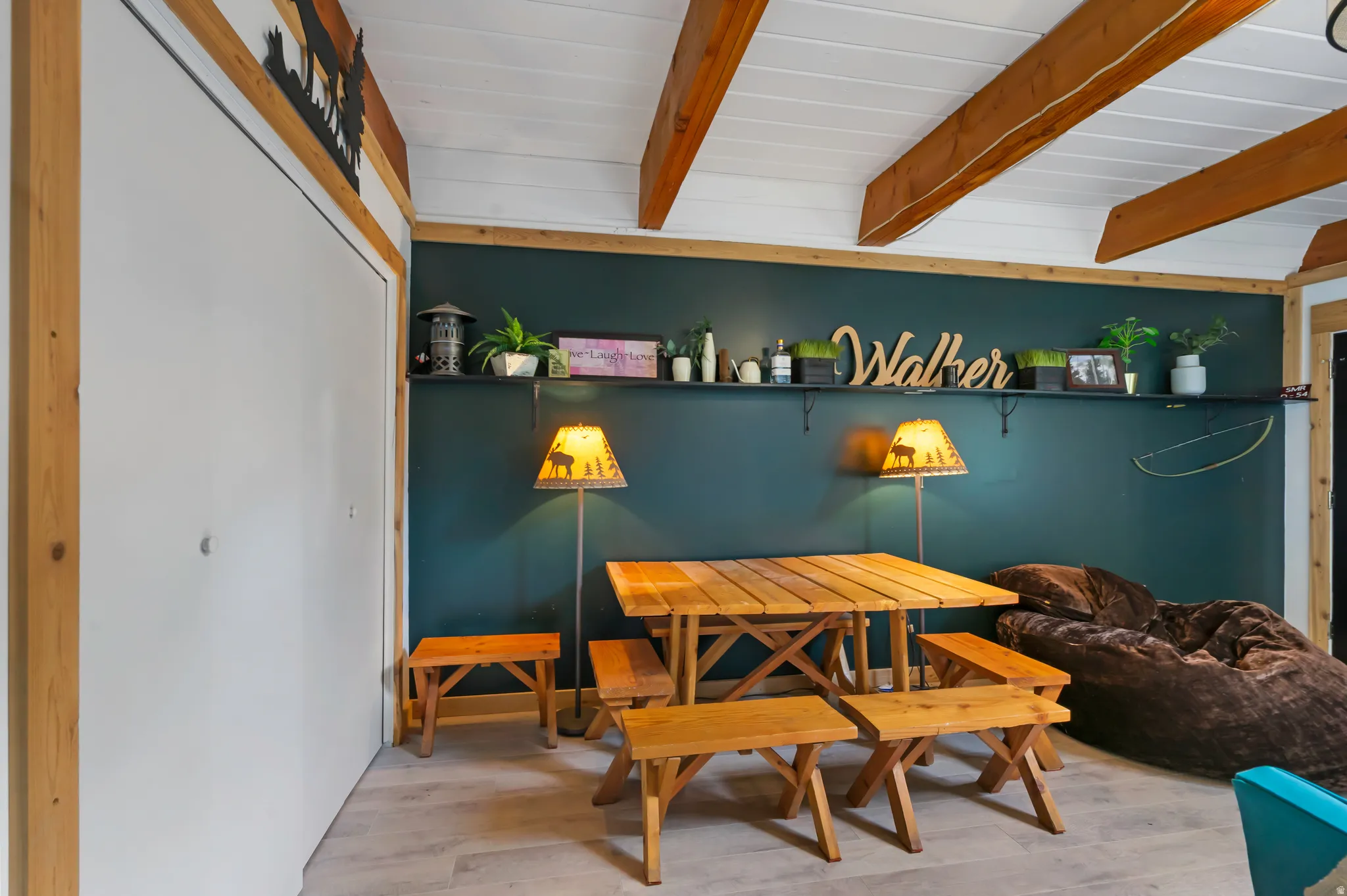 Vaulted ceiling with exposed wood beams